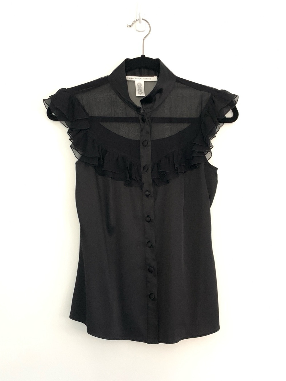 DIANE von FURSTENBERG Sleeveless Silk Ruffled Button Up Top Whimsigoth